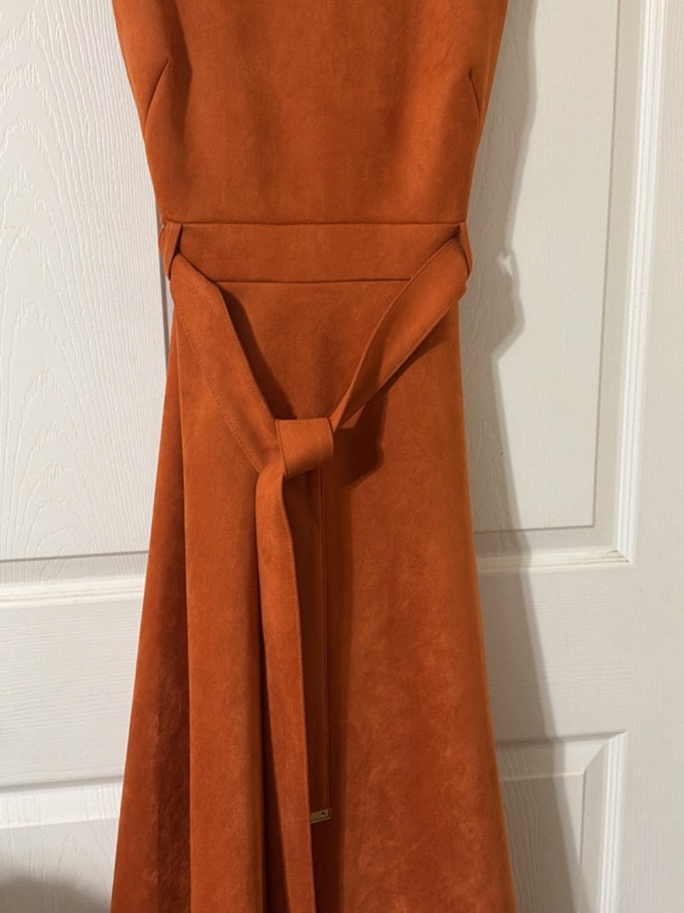 Calvin Klein Sleeveless Belted Midi Dress in Rust